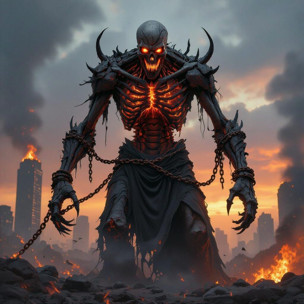 A colossal, emaciated demonic entity forged from charred bone and sinew, skull cracked like parched earth with fissures glowing molten orang...