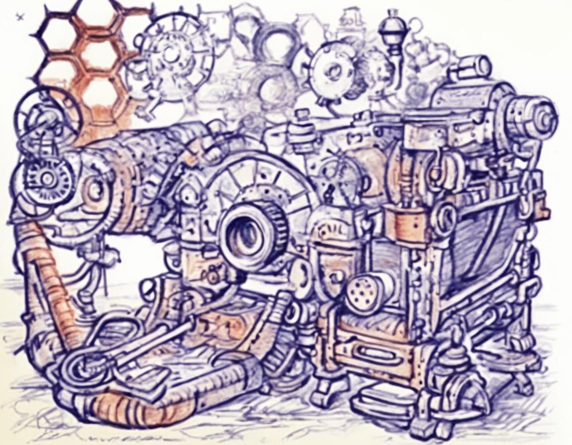 A wheeled steam-punk vehicle steam-driven machine a sketch w...