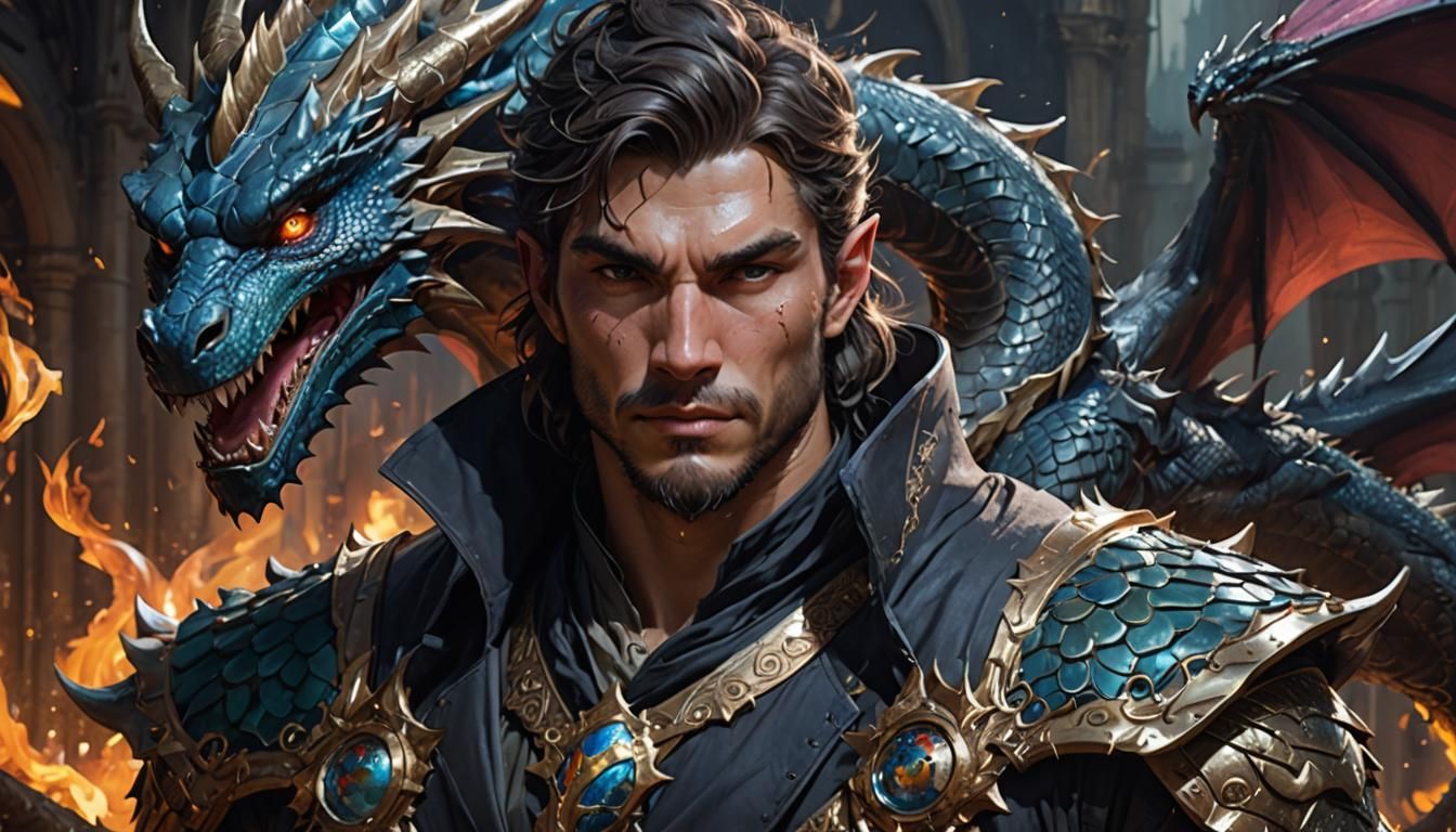 a dark fantasy world, a man and a dragon