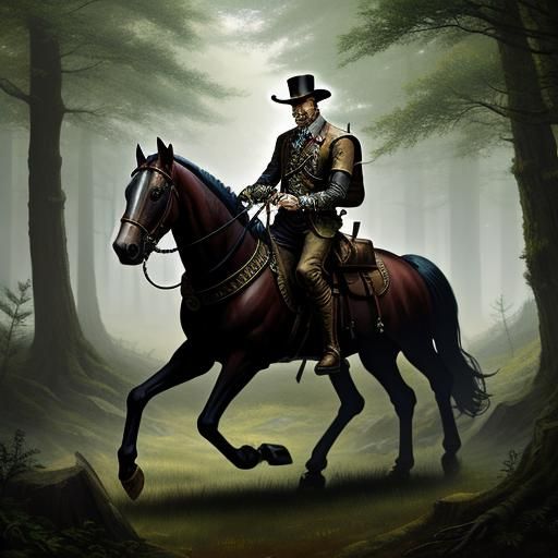 Steampunk man and his horse of Fantasy, in a fantasy forest, high definition, hyper real 
