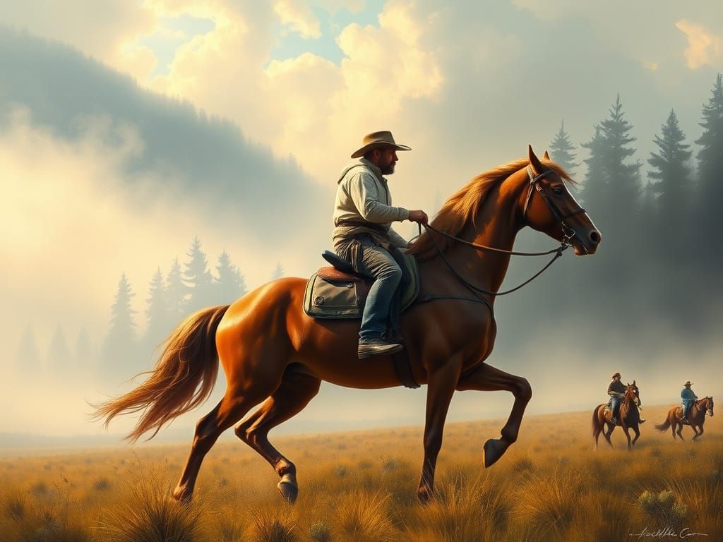 A Man Rides Horse Through a Misty Landscape in a Romantic St...