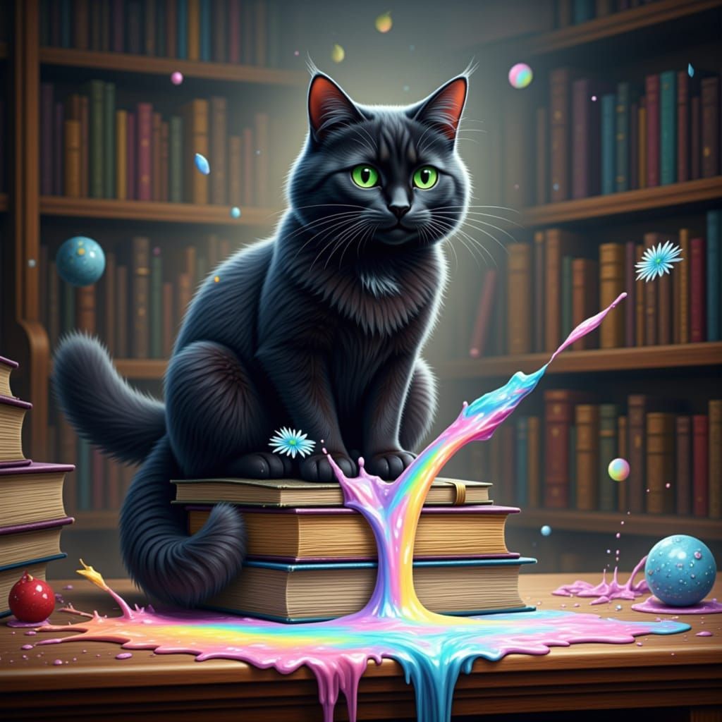 Albus the cat sitting on a pile of books spilling rainbow MILK with a blue flower sprouting out from the spill on the wizards cluttered desk...
