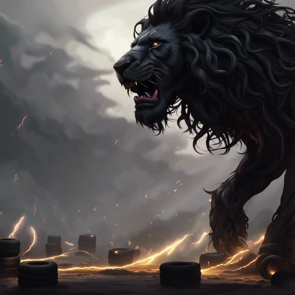 A black lion with a mane of tyres a masterpiece, 8k resolution, dark ...