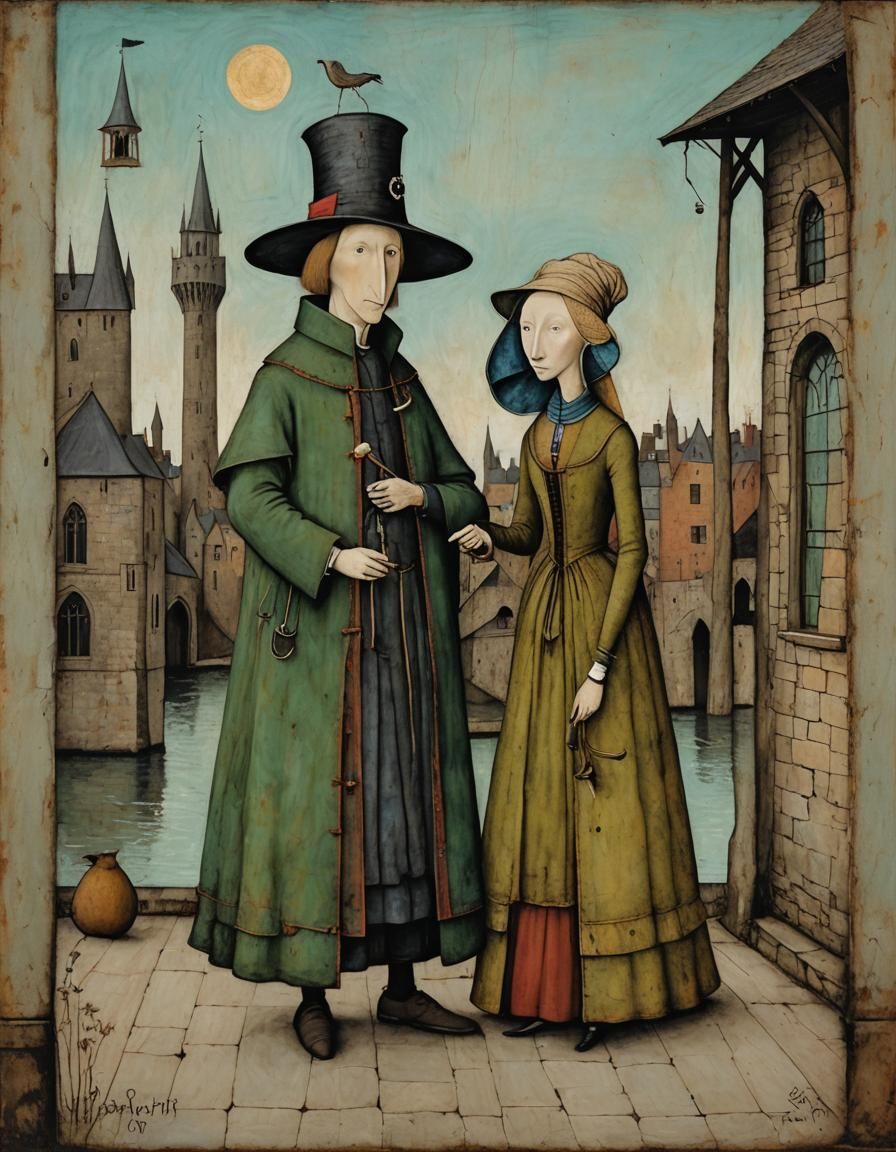 The Arnolfini Portrait in the style of Sam Toft