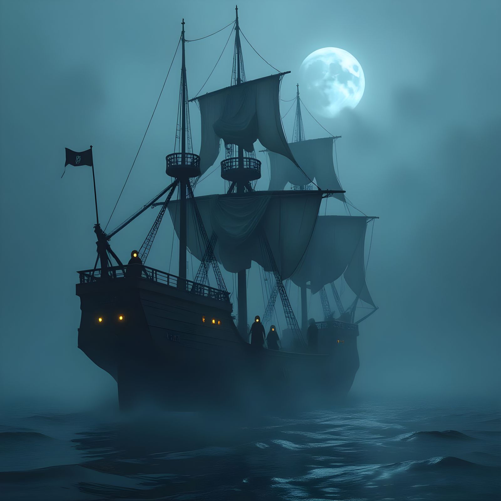 A ghostly galleon sailing through a dense fog on a moonless night, its sails tattered and torn. Spectral ...  by @undefined