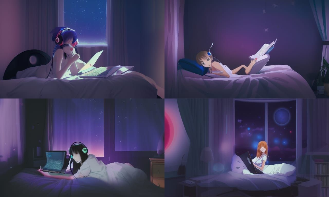 beautiful anime girl in bed. working anime girl, laptop, bed, cot, bed  sheet, windows, curtains, shelves, books, stereo, headphone, guitar,... -  AI Generated Artwork - NightCafe Creator