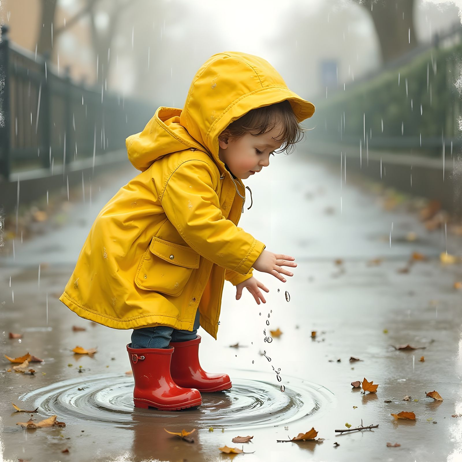 Child Plays in Rainy Puddle on a Wet Day
