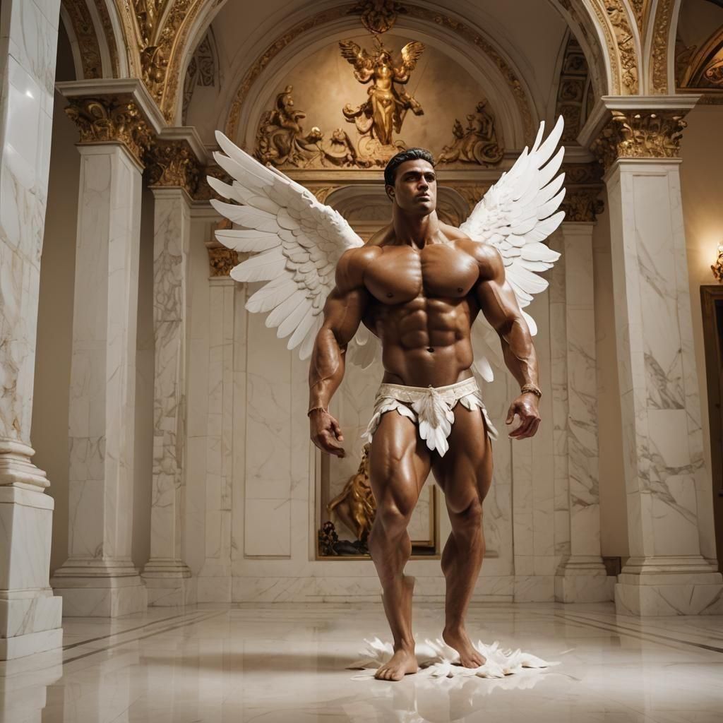 A colossal 100-tall 20-year-old powerful Brazilian stocky bodybuilder man with white feather wings in a short white loincloth barefoot stand...