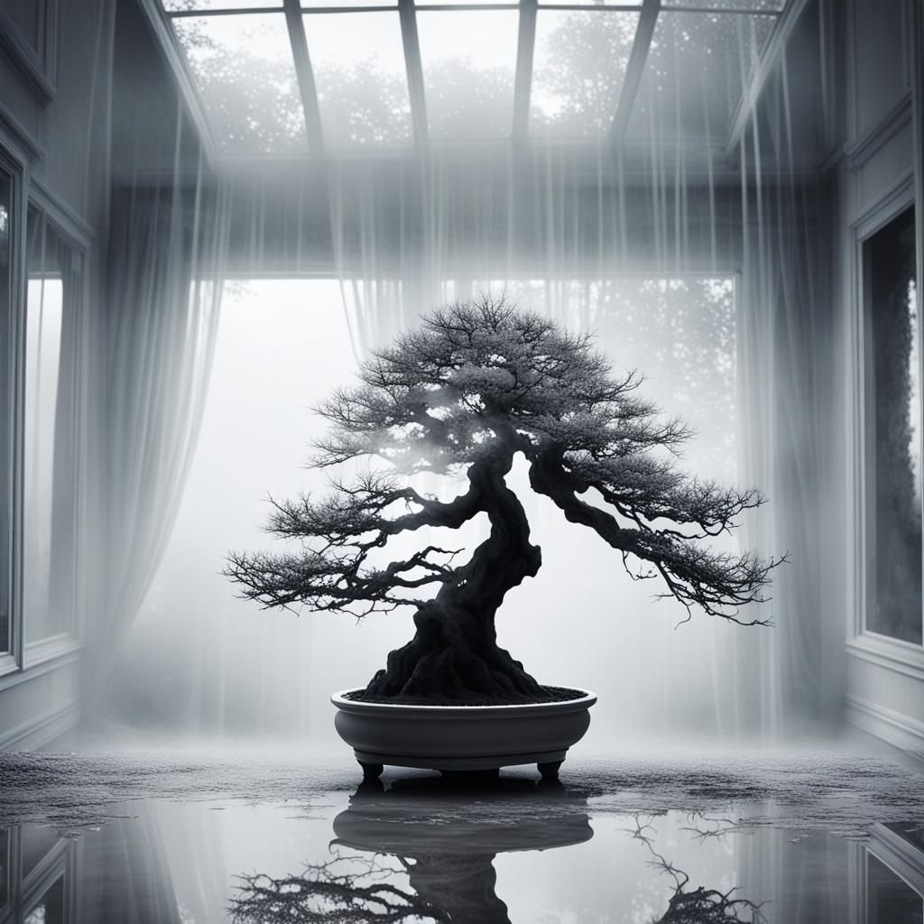 lonely bonsai tree in white smoky fog dream