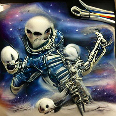 Scary skeleton astronaut in space airbrush art