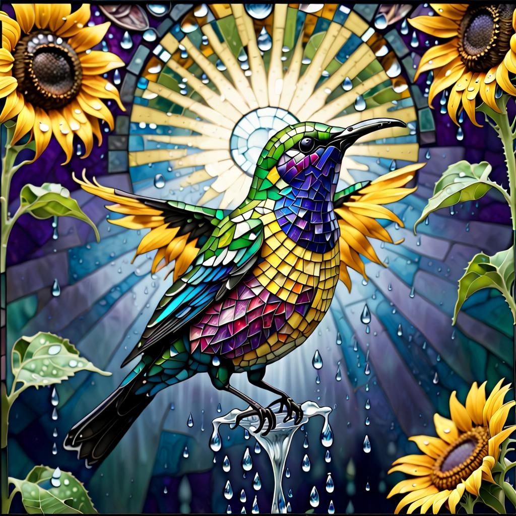 A mosaic stained glass made purple sunbird nectering from sunflower
