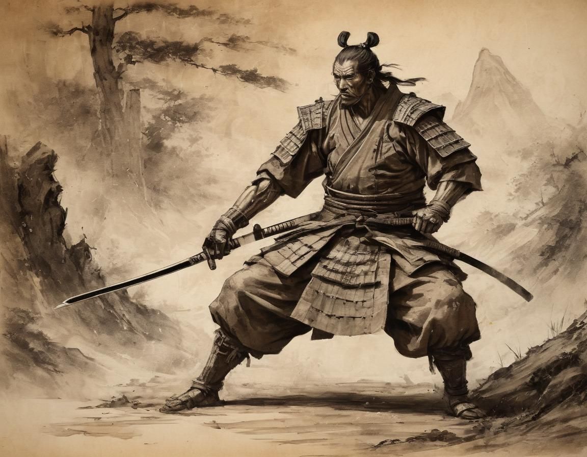 Yoriki following his Samurai warrior master steps getting ready for battle