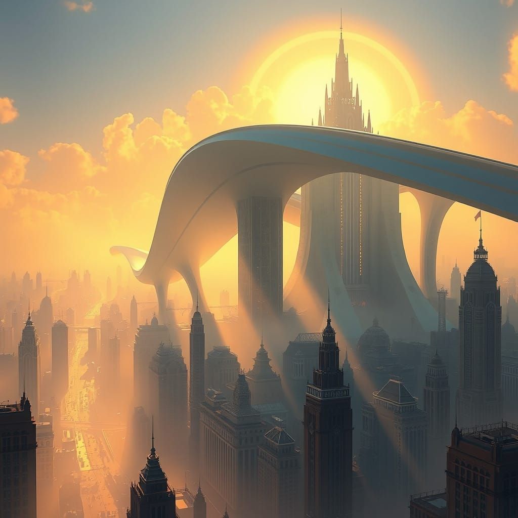 Surreal Cityscape in Warm, Golden Light