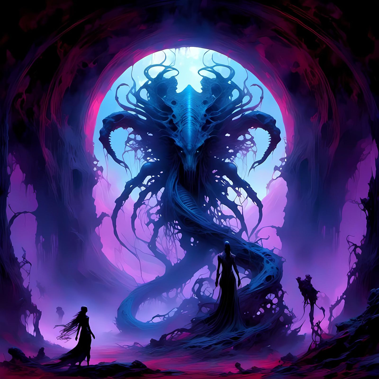 Woman Confronts Alien Beast in Dramatic Silhouette