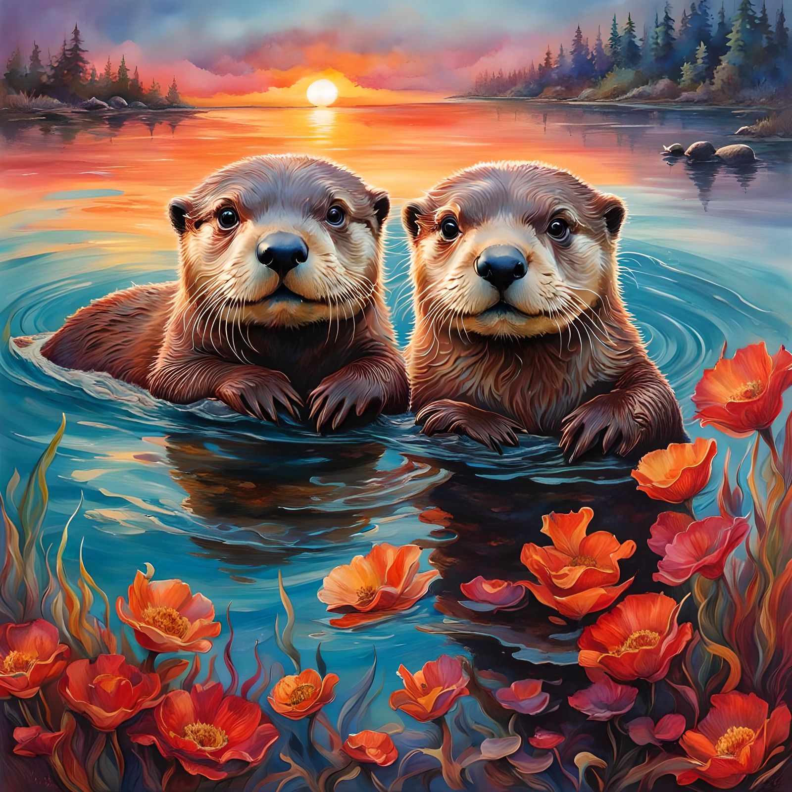 2  cute Otters swimming in still water  by @Happy Jack