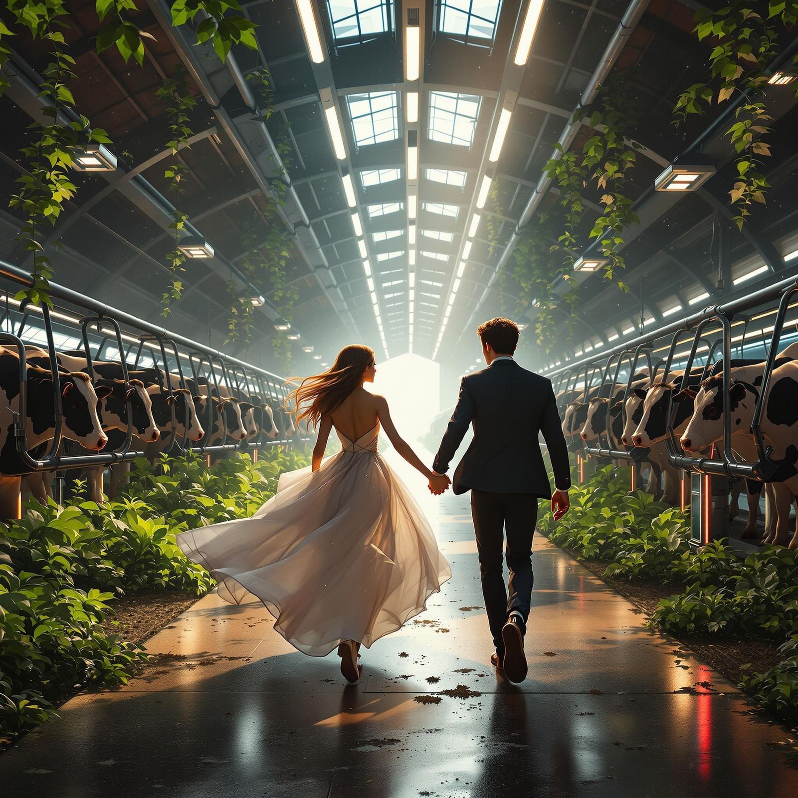 Young Couple Runs Through Futuristic Cow Barn in Detailed Ma...
