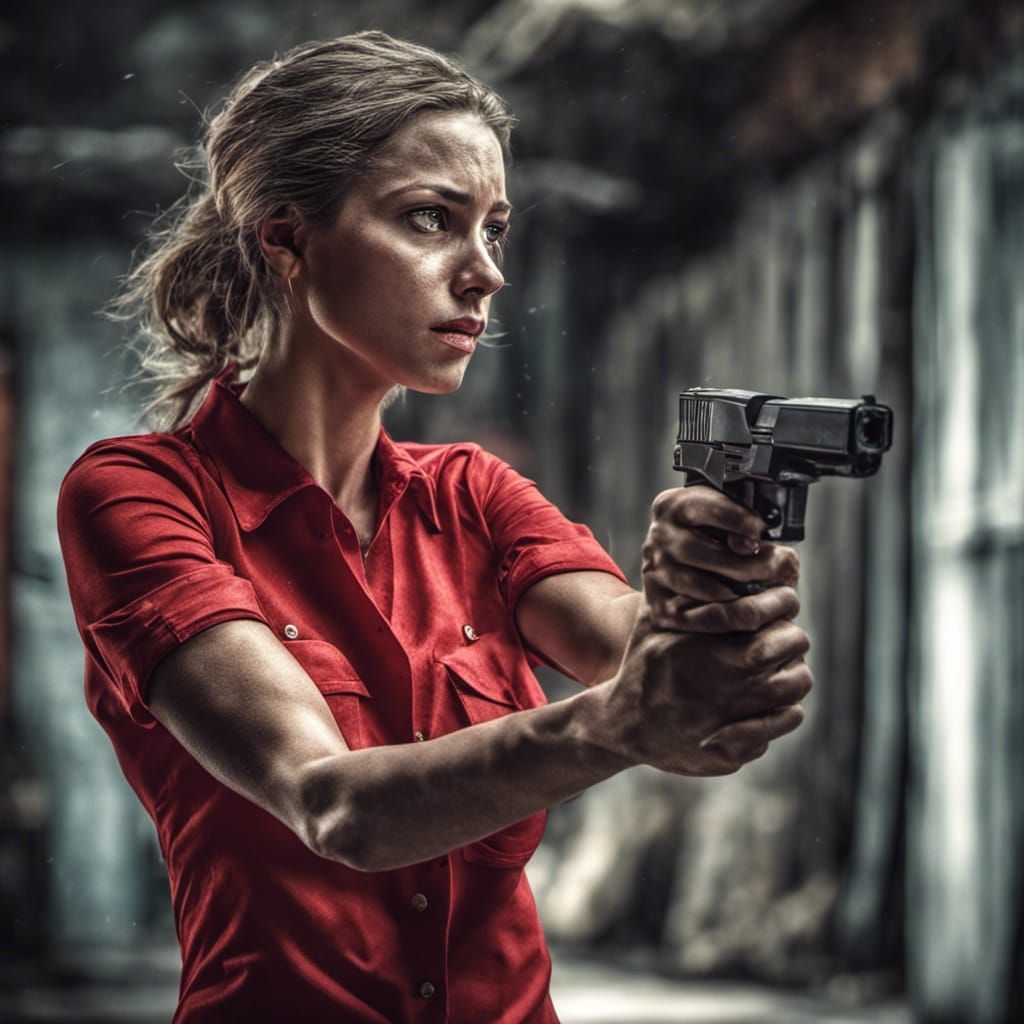 Stop or my innocent, female red shirt will shoot.