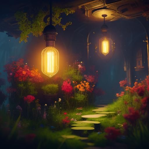 One lightbulb filled with mulitcolored flowers