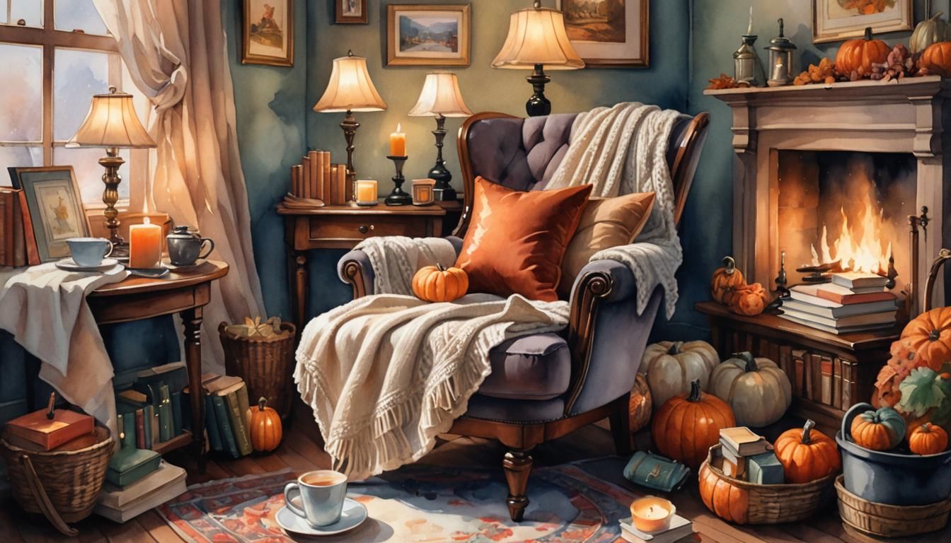 Cozy Corner: A detailed interior scene featuring a comfy cha...