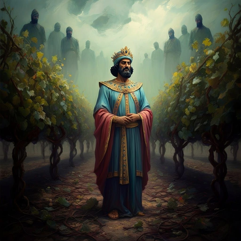 Ethereal King Ahasuerus in a Haunting Vineyard Scene