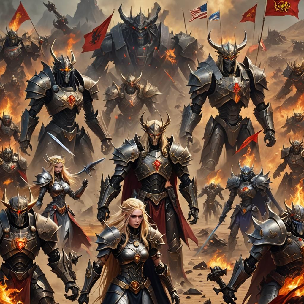 Big war between King Dark lord, Queen Robot, Queen Elf Elder golden hair  against King devil on the Dessert Wasteland burning background with... - AI  Generated Artwork - NightCafe Creator