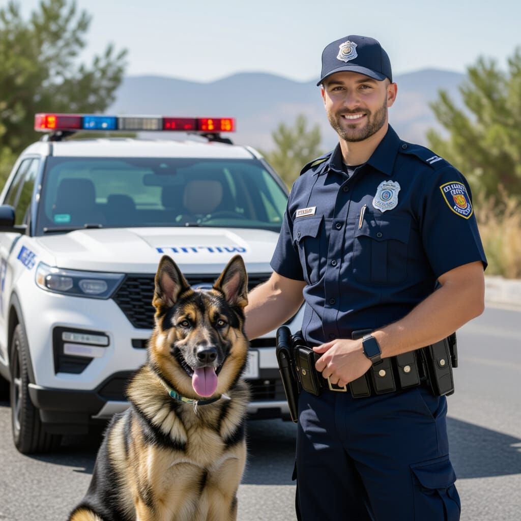 Police Officer with K9 Unit and Patrol Car