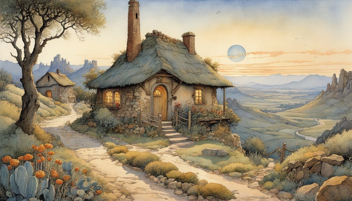 Arizona Night Scene in Storybook Illustration Style