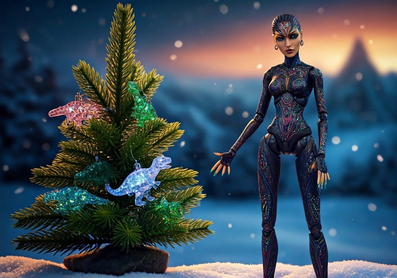 Glowing Dinosaur Ornaments Adorn Futuristic Winter Wonderlan...
