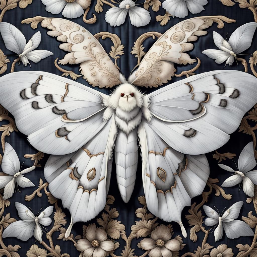 A white silk moth on an Ornate Japanese style silk fabric decorated with white moths   by @MothersHeart