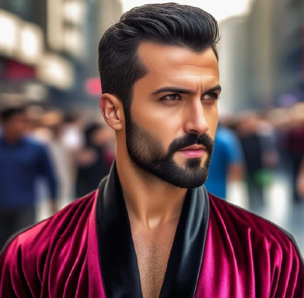 A handsome  serious man  wearing a   red  bathrobe