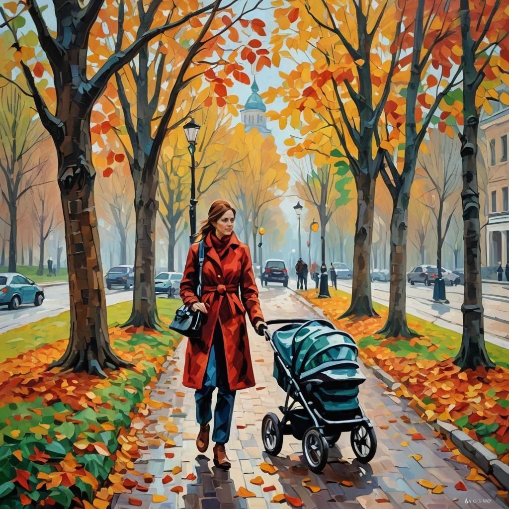Autumn, mother walks with a newborn