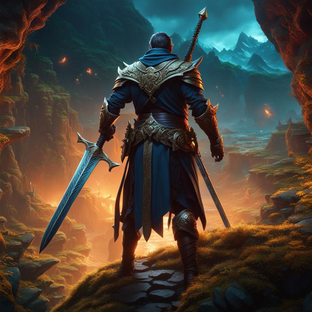 fictional character with sword weapon on his left hips staring at fantasy environment