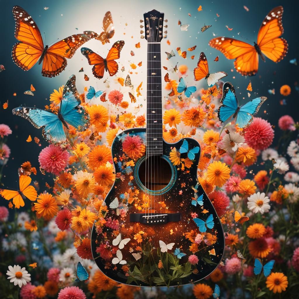 A glass guitar exploding with butterflies and flowers