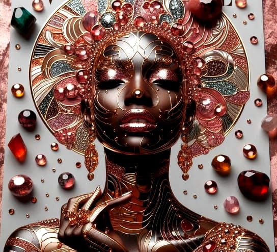 2/10/2025-Woman Wearing Rose Gold Metallic Shining Platinum Obsidian Sandstone Ruby Garnet Art By Archangel Tara