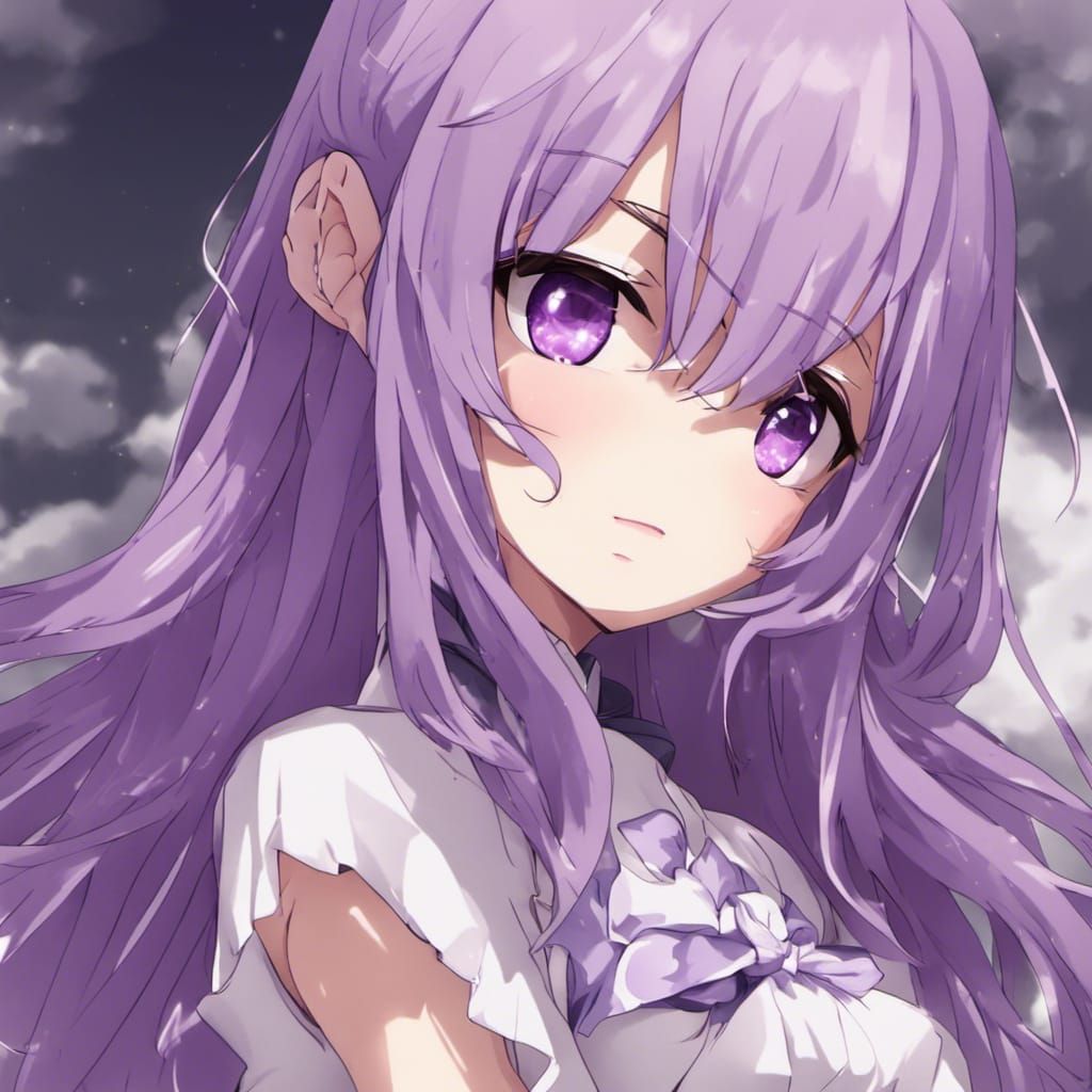 a girl with purple hair purple eyes wearing a purple dress a...