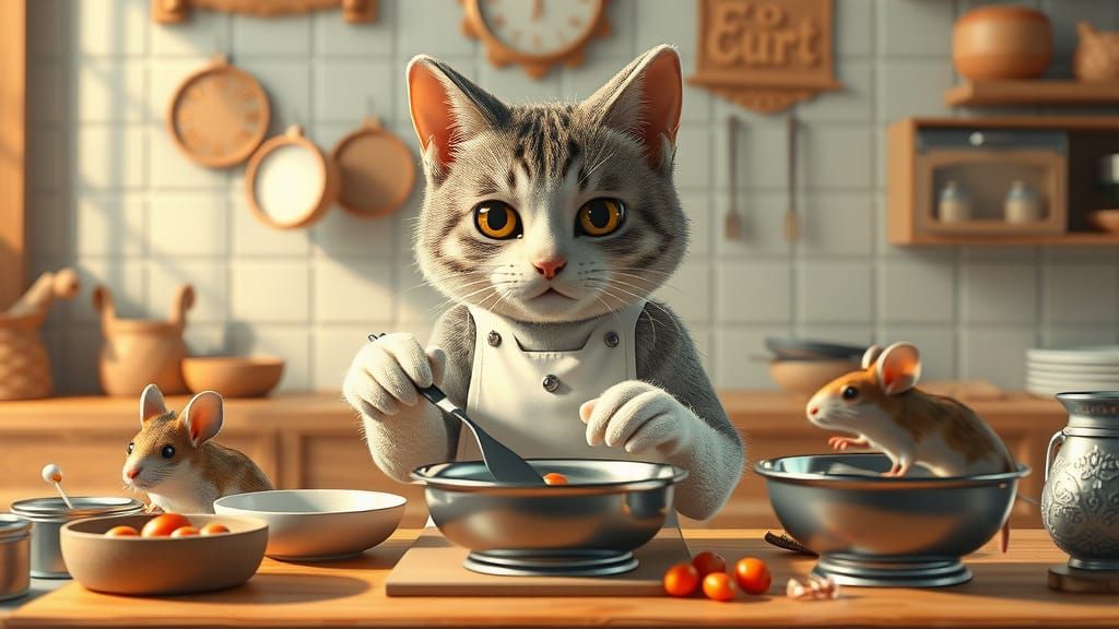 The cat hosts a cooking show on cooking mice    by @Maria_fairy_id