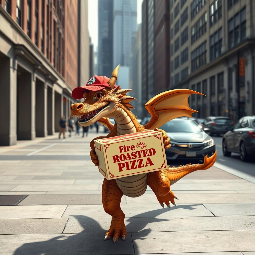 A dragon delivering pizza in downtown Chicago. The pizza box says, "Fire Roasted Pizza." He wears a red ...  by @undefined