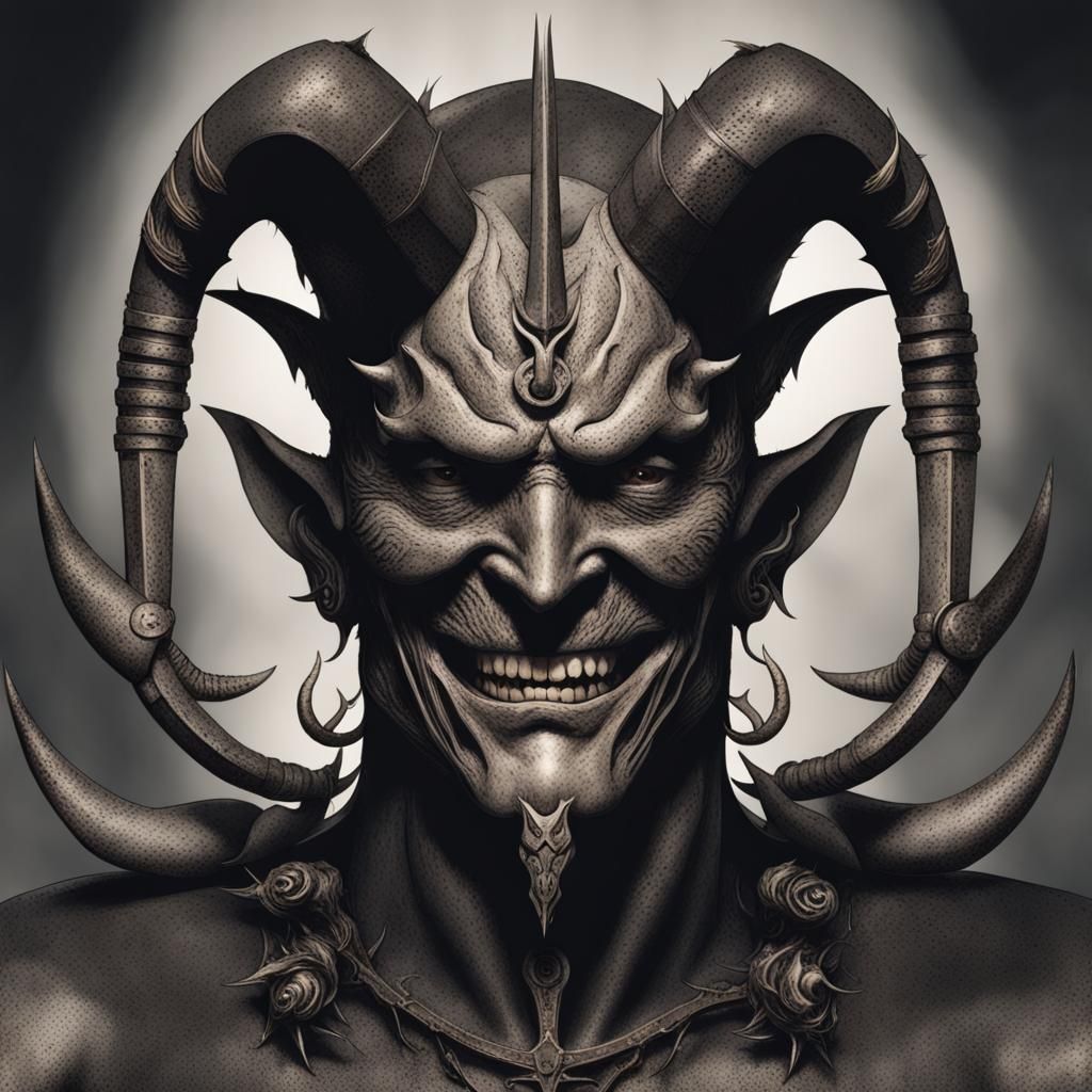 Demonic metal man with many horns. He has a rictus grin.