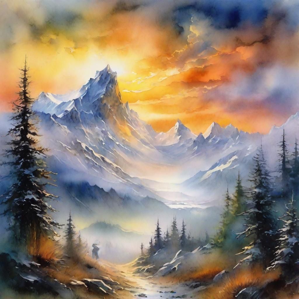 Dreamlike Aurora Over Misty Mountains in Watercolor
