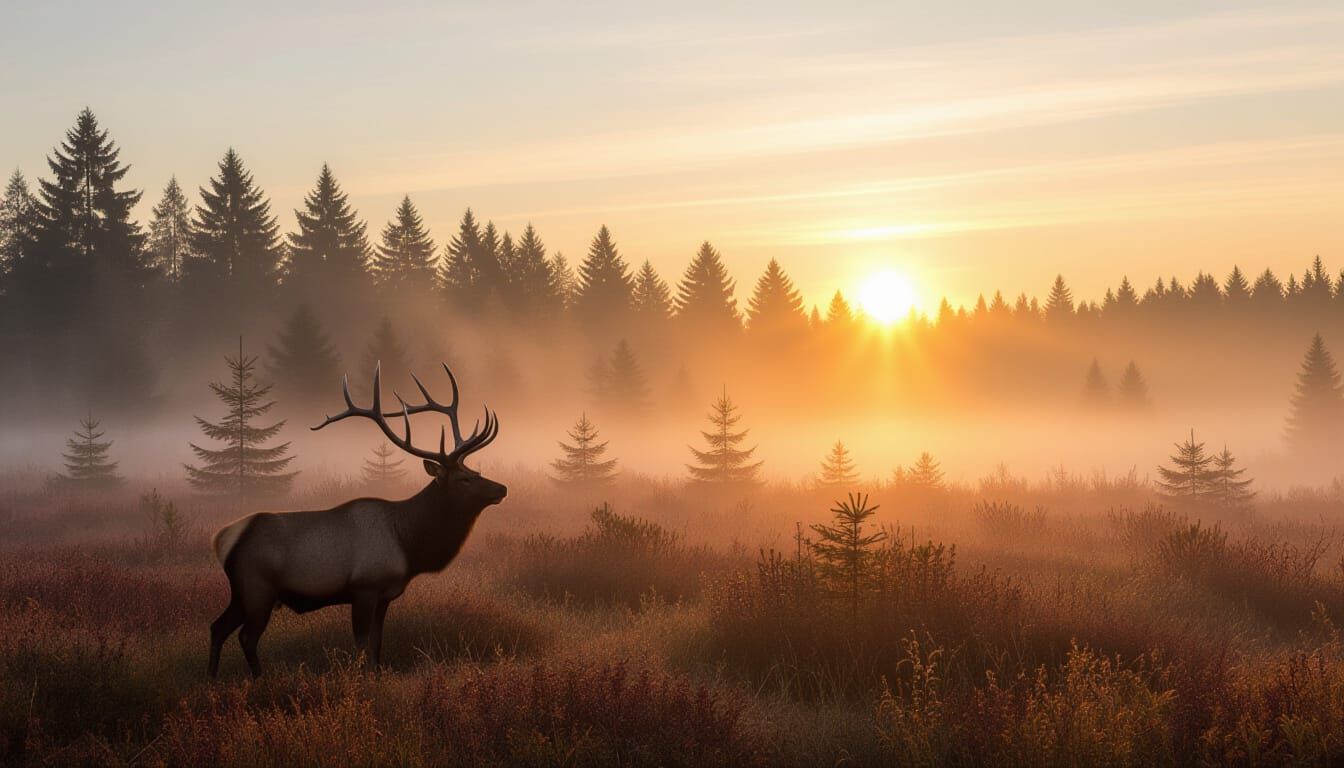 An elk in a misty glade in an autumn fir tree forest.  by @Max Strandberg