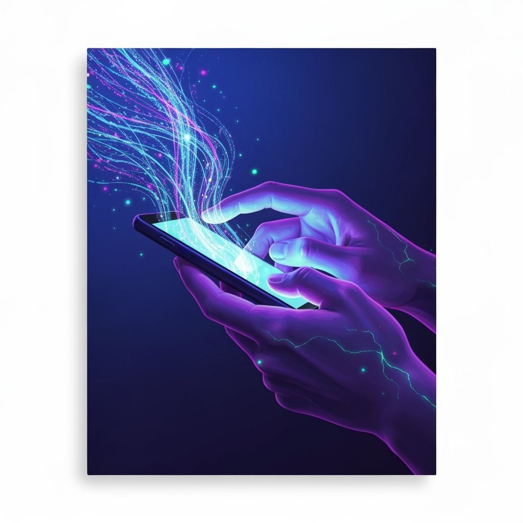 Surreal Digital Art: Hands Typing on Glowing Data Streams