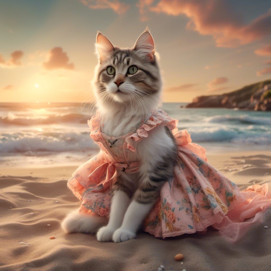 Cat dressed in summer dress at the beach during sunset