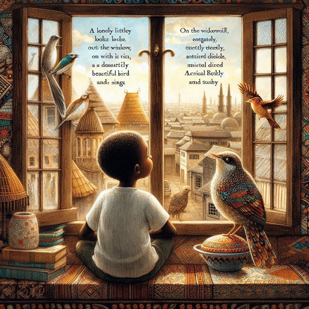 a lonely little boy looks out the window, on the windowsill ...