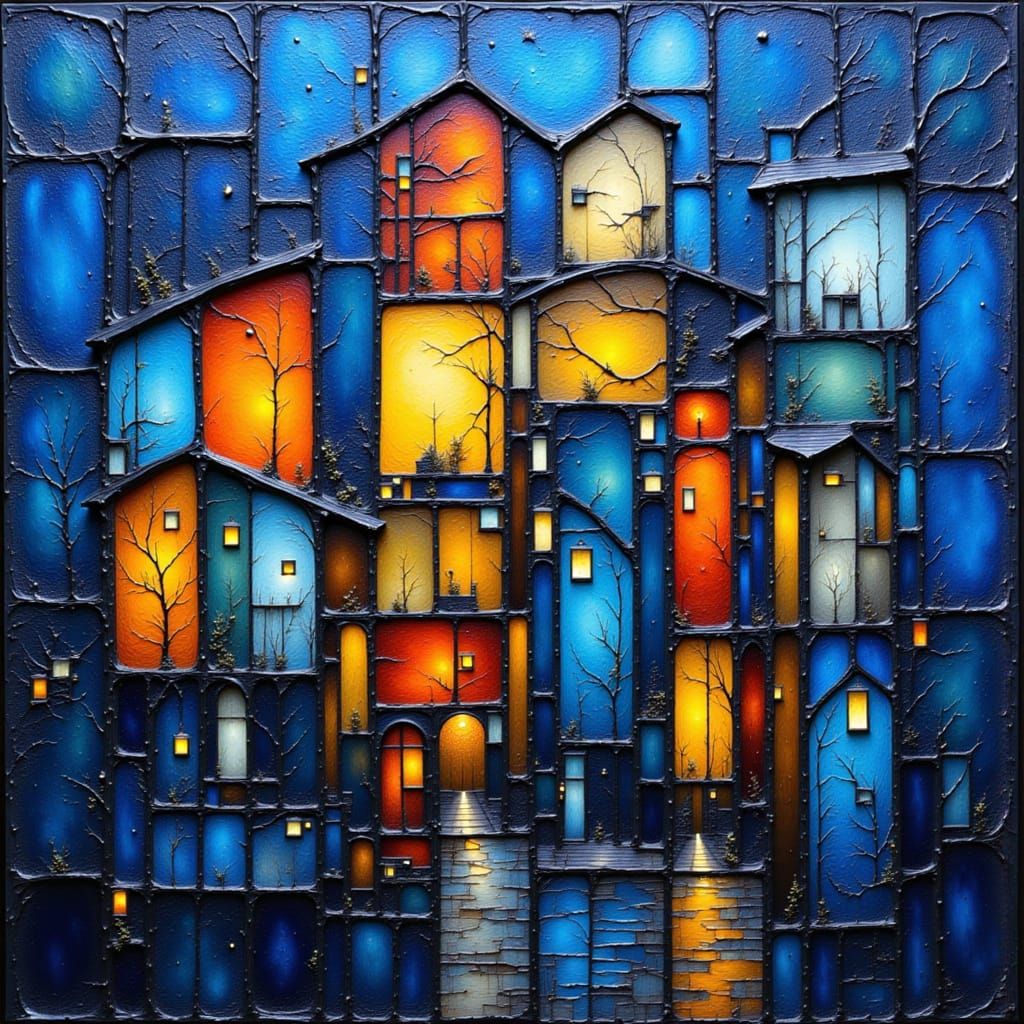 Amber and Blue Squares Encaustic Painting on Twilight Wall