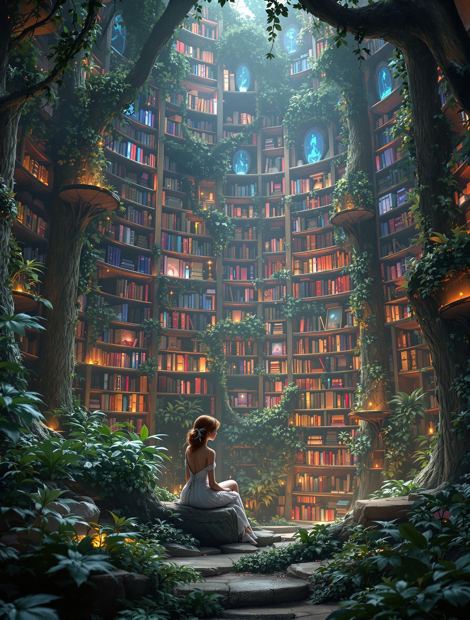 Surrounded by towering bookshelves