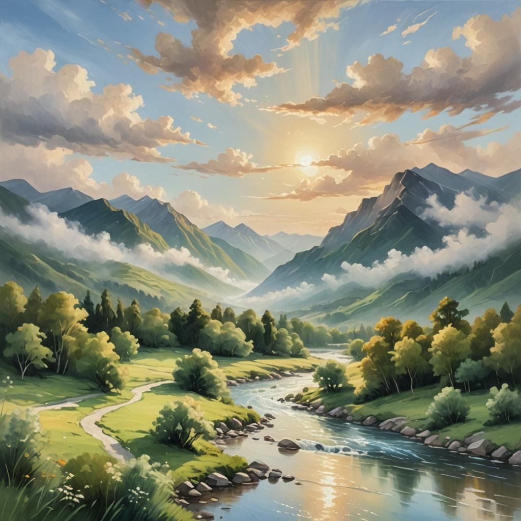 Serene Mountain Landscape in Elysian Impressionist Style