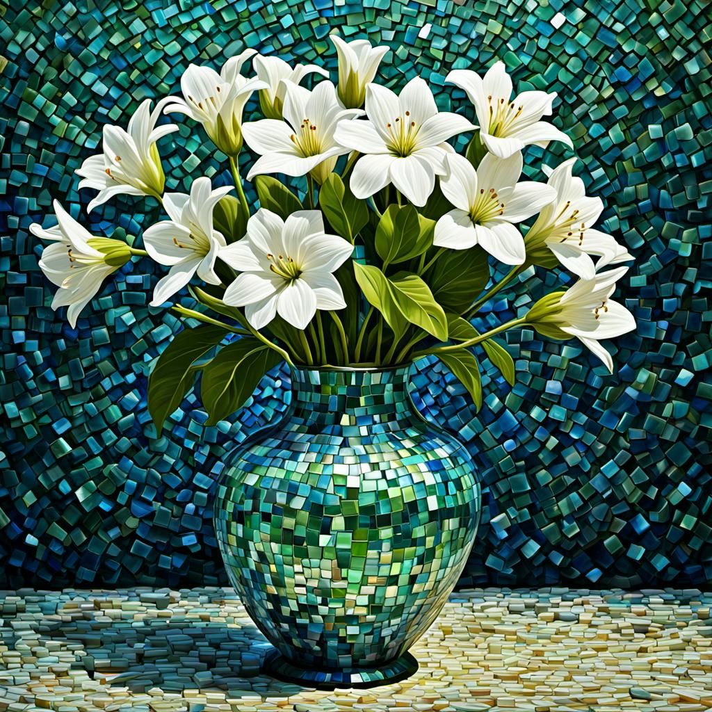White mixed flower in a Blue green mosaic vase,round glass p...