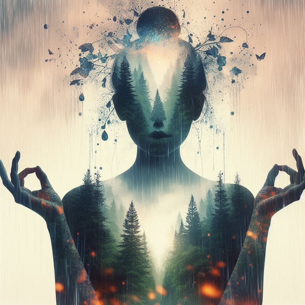 double exposure beautiful fantasy DALL-E 3 portrait landscape..