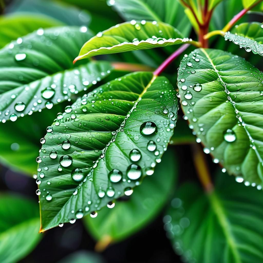 a plant with vibrant green leaves, intricate patterns, and tiny water droplets on the surface
