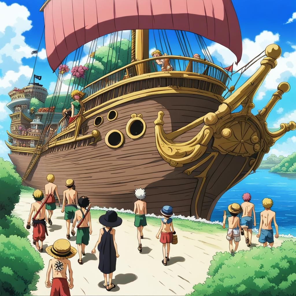 Little small, little Luffy(one piece the anime) and the straw hat crew walks before the giant ship daytime. The tangerin...